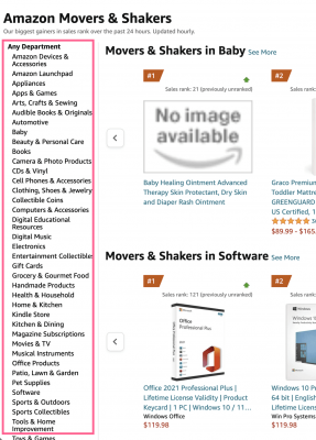 Amazon Mover & Shaker list catagories