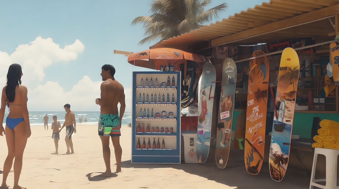 Selling snowboards on the beach.