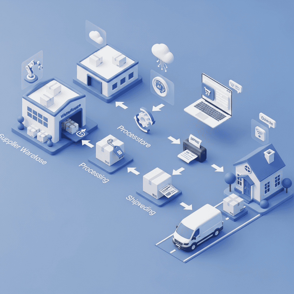 3D isometric render of a modern ecommerce dropshipping workflow showing product flow from supplier warehouse to customer doorstep, clean blue and white color palette with icons for automation