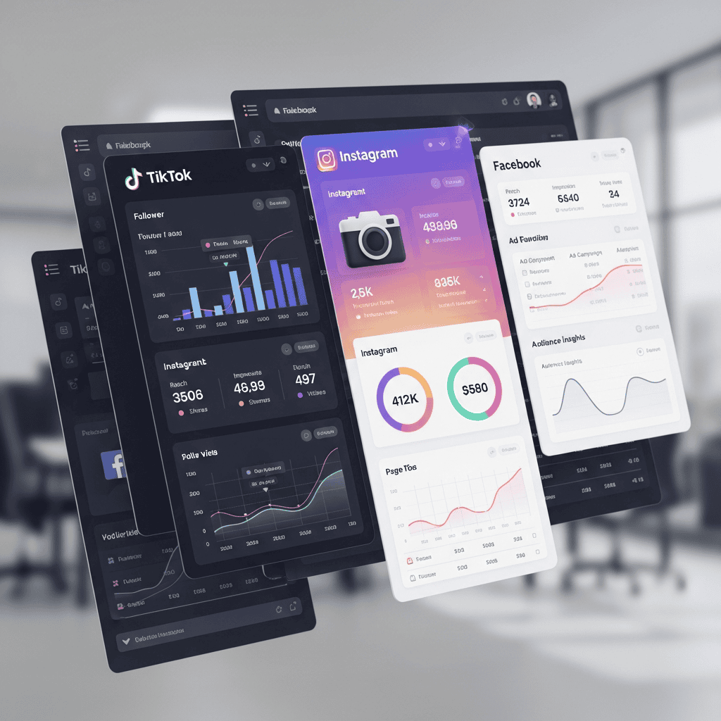 3D render of a social media marketing dashboard showing TikTok, Instagram, and Facebook analytics with engagement metrics and growth charts, modern interface design
