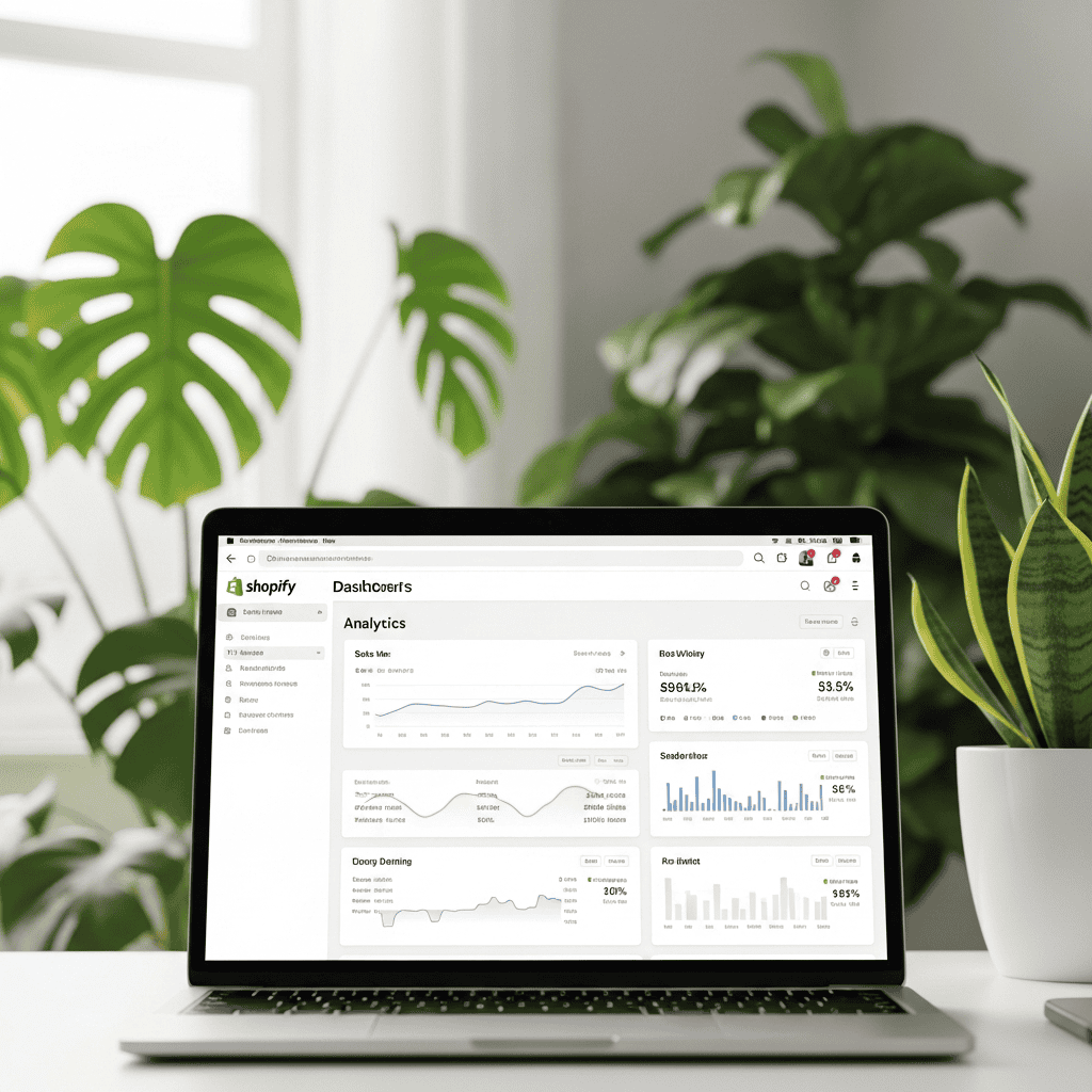 Cinematic photo of a modern Shopify dropshipping store dashboard displayed on a MacBook screen, analytics charts visible, bright home office setting with plants in background