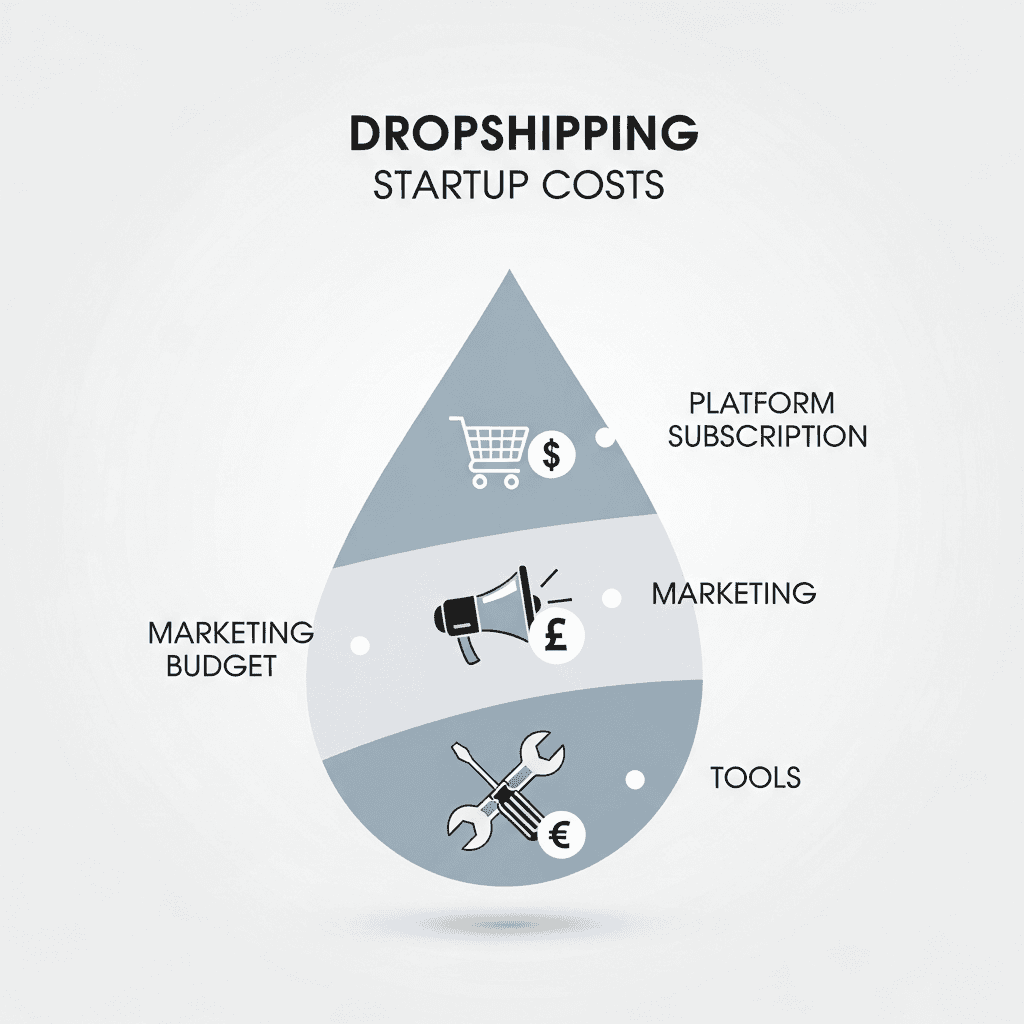 Minimalist infographic showing dropshipping startup costs breakdown with icons for platform subscription, marketing budget, and tools, clean design with currency symbols