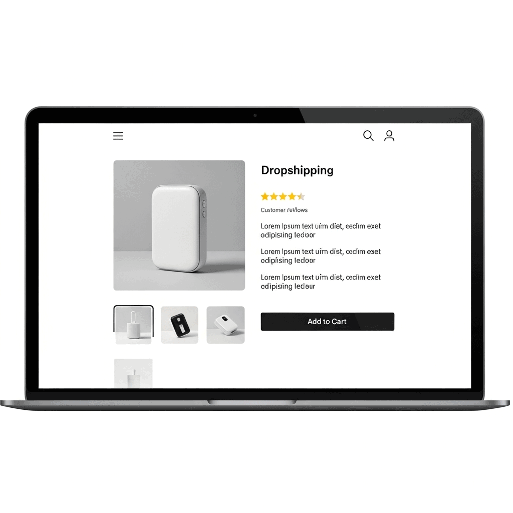 Professional screenshot mockup of a high-converting dropshipping product page showing multiple product images, customer reviews, and clear CTA button, modern ecommerce design