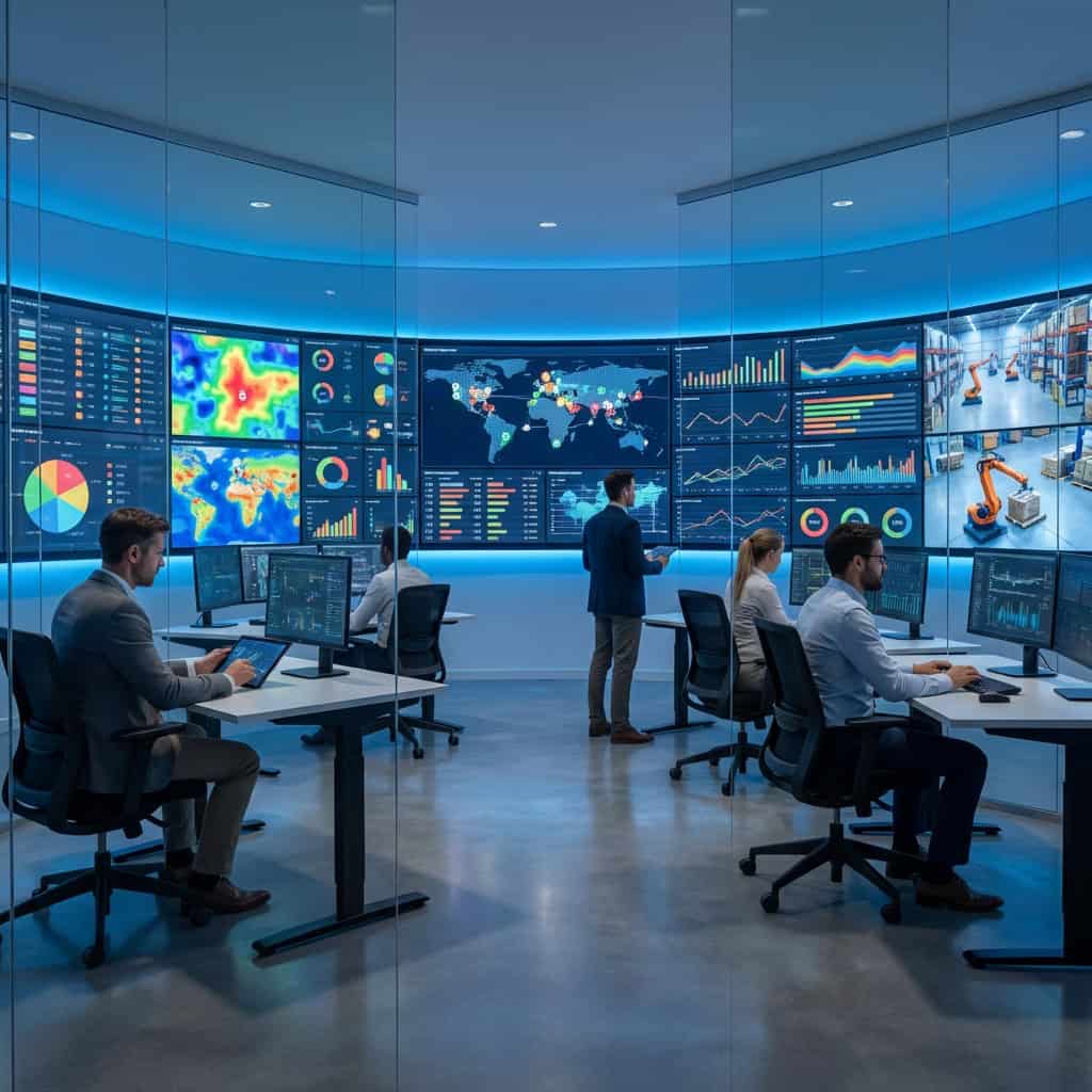 Modern control room with multiple screens displaying data for dropshipping suppliers.