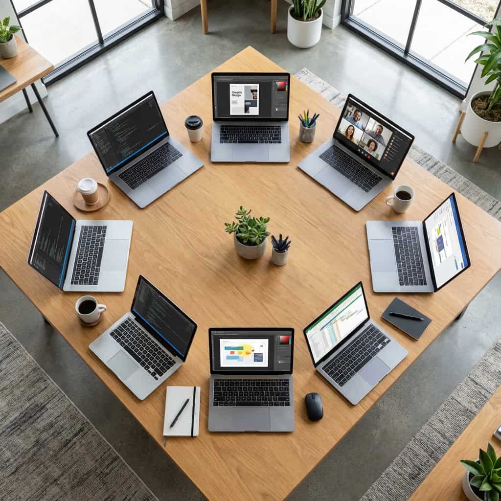 Multiple laptops on a conference table showcasing dropshipping software tools.