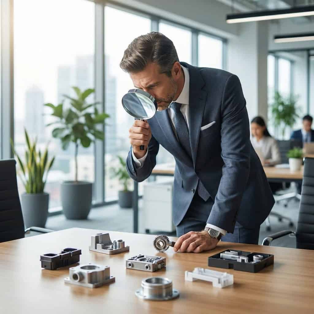 Businessman examining dropshipping product parts with magnifying glass in office.