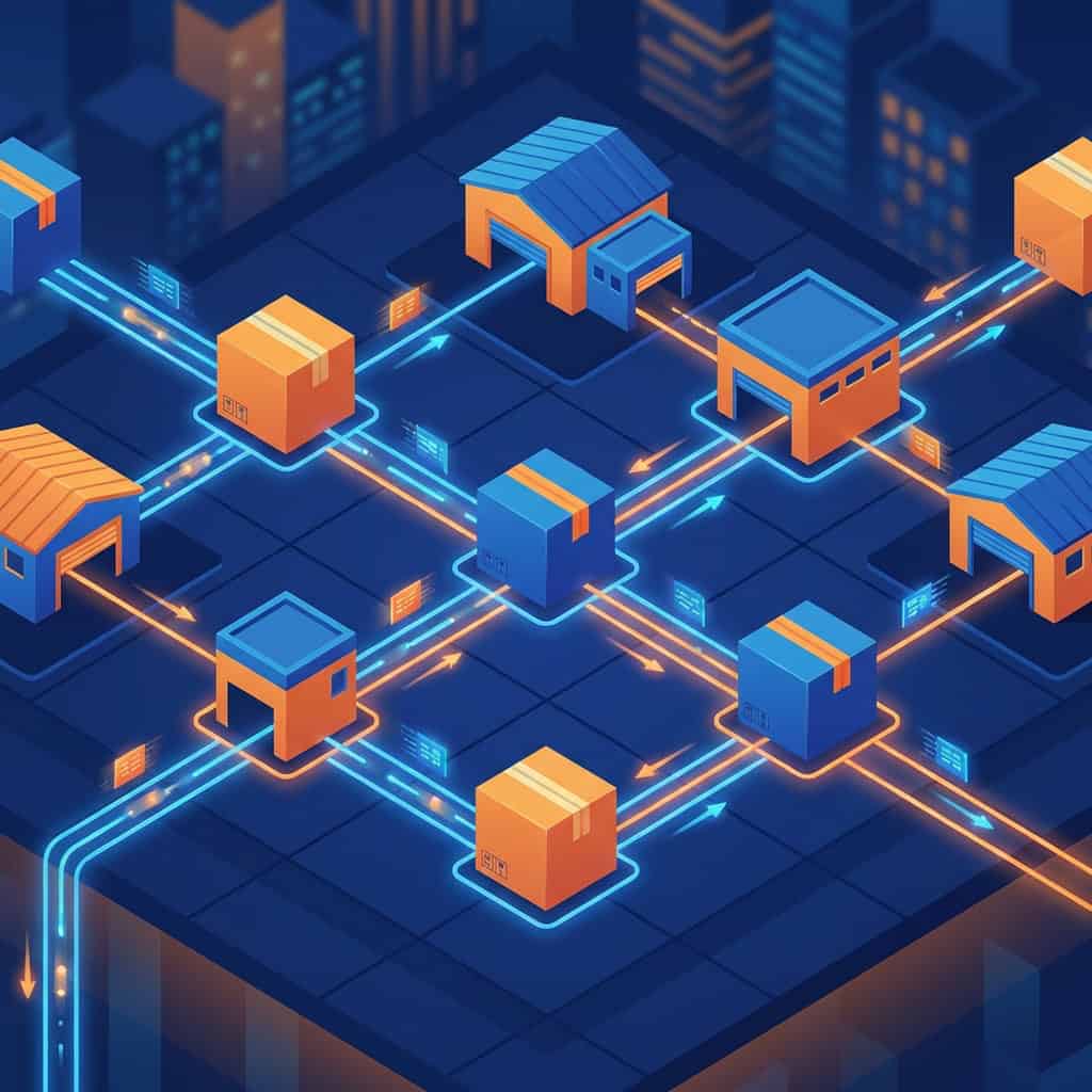 Digital supply chain network with interconnected boxes and data flow.