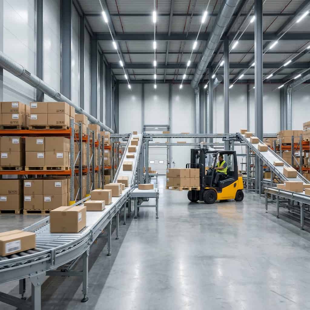 Modern warehouse with forklift handling packages for dropshipping.
