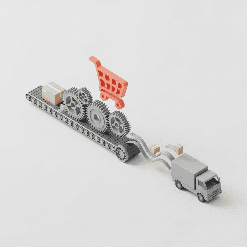 E-commerce automation with gears and shopping cart on conveyor belt.