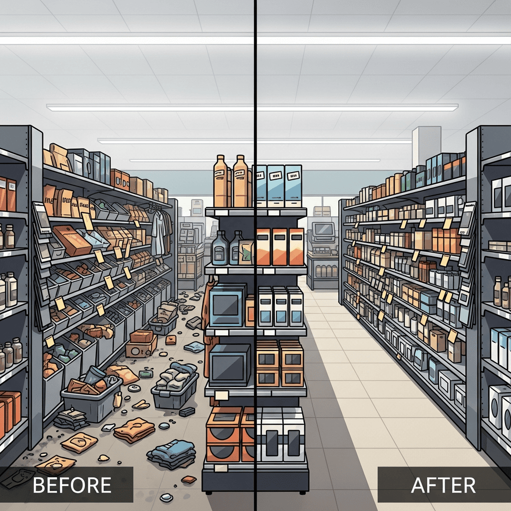 Disorganized vs organized product shelves in a retail store.