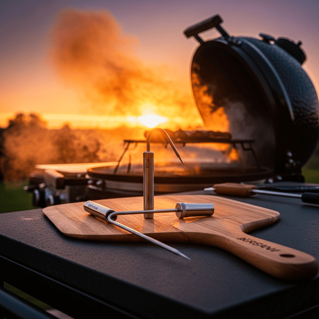 Outdoor grill tools and smoker at sunset for perfect barbecue.