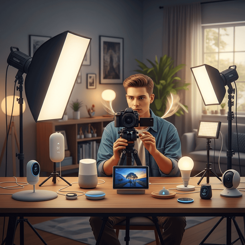 Young man filming with smart home gadgets in a modern studio.