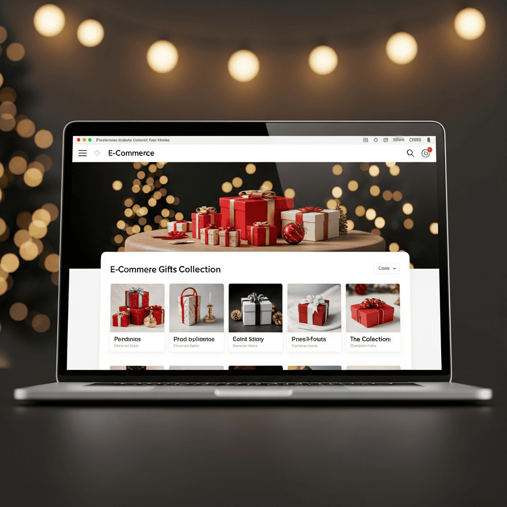 Laptop displaying holiday gift collection with festive packaging and decorations.