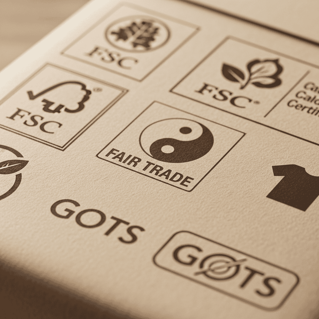 eco-certification labels FSC Fair Trade GOTS on sustainable dropshipping product packaging