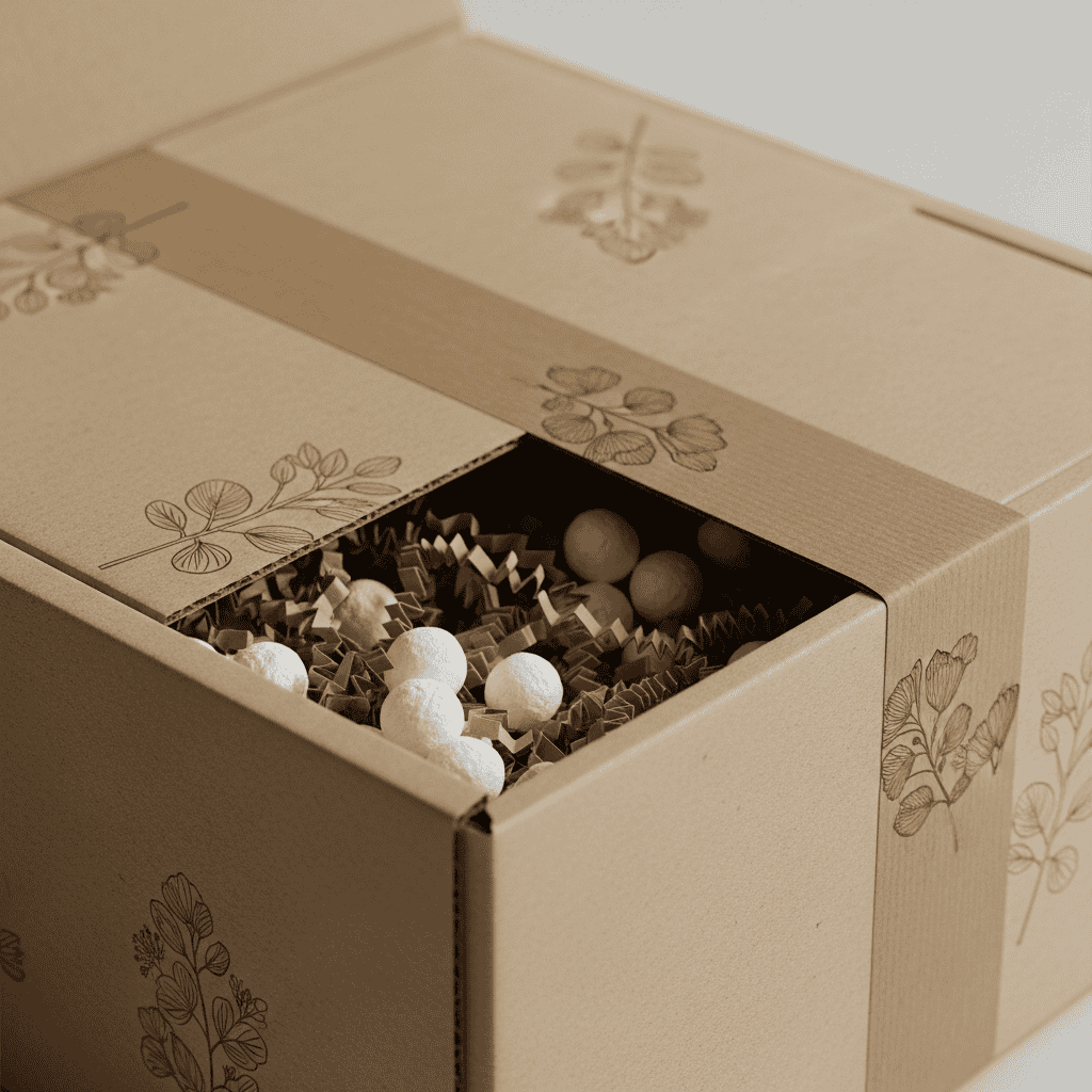 Eco-friendly packaging box with biodegradable fillers for sustainable dropshipping.