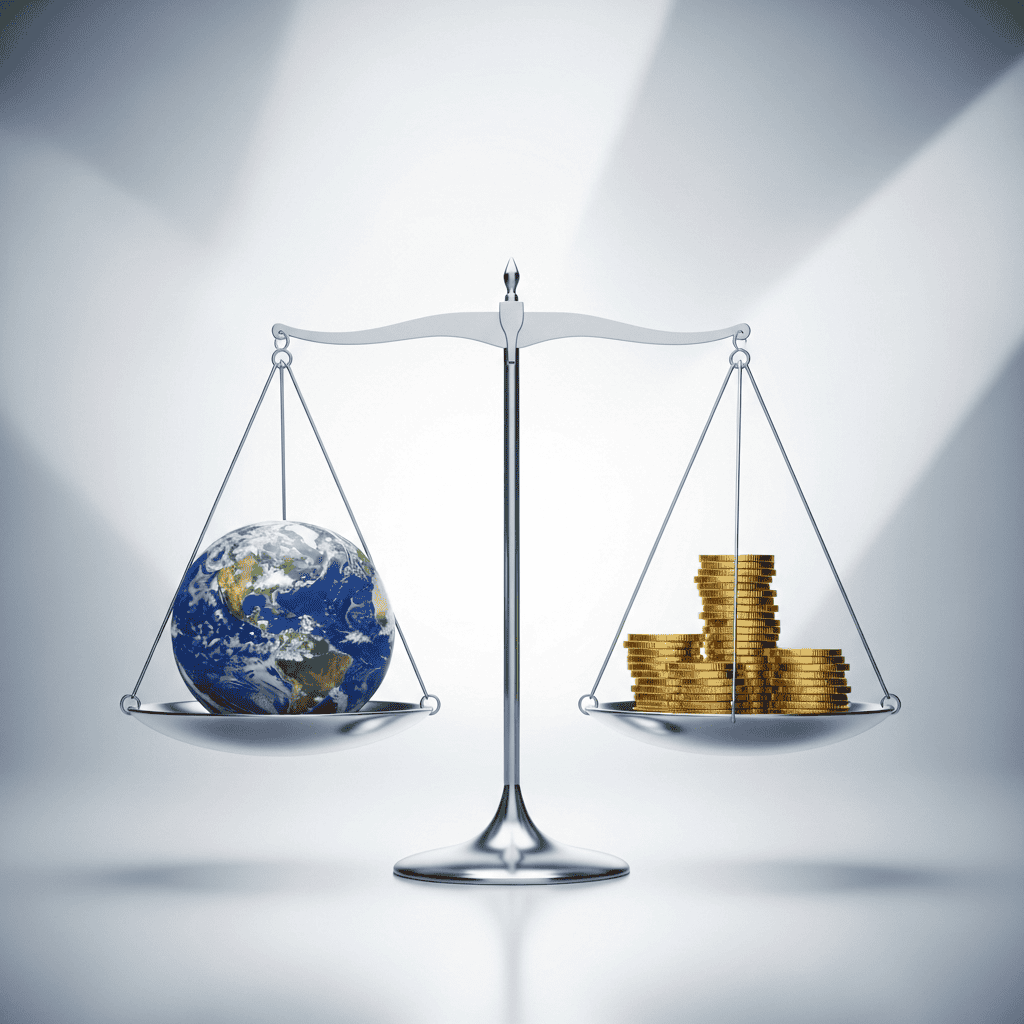 Friendly dropshipping concept with Earth and coins balanced on a scale.