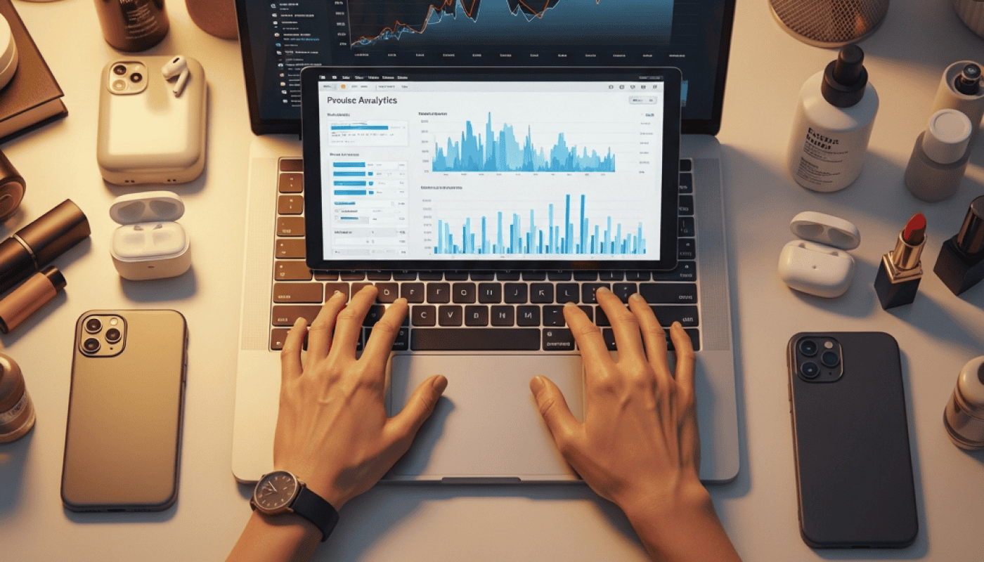 2 screens laptop with product analysis