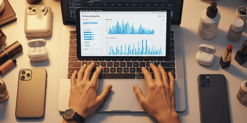 2 screens laptop with product analysis