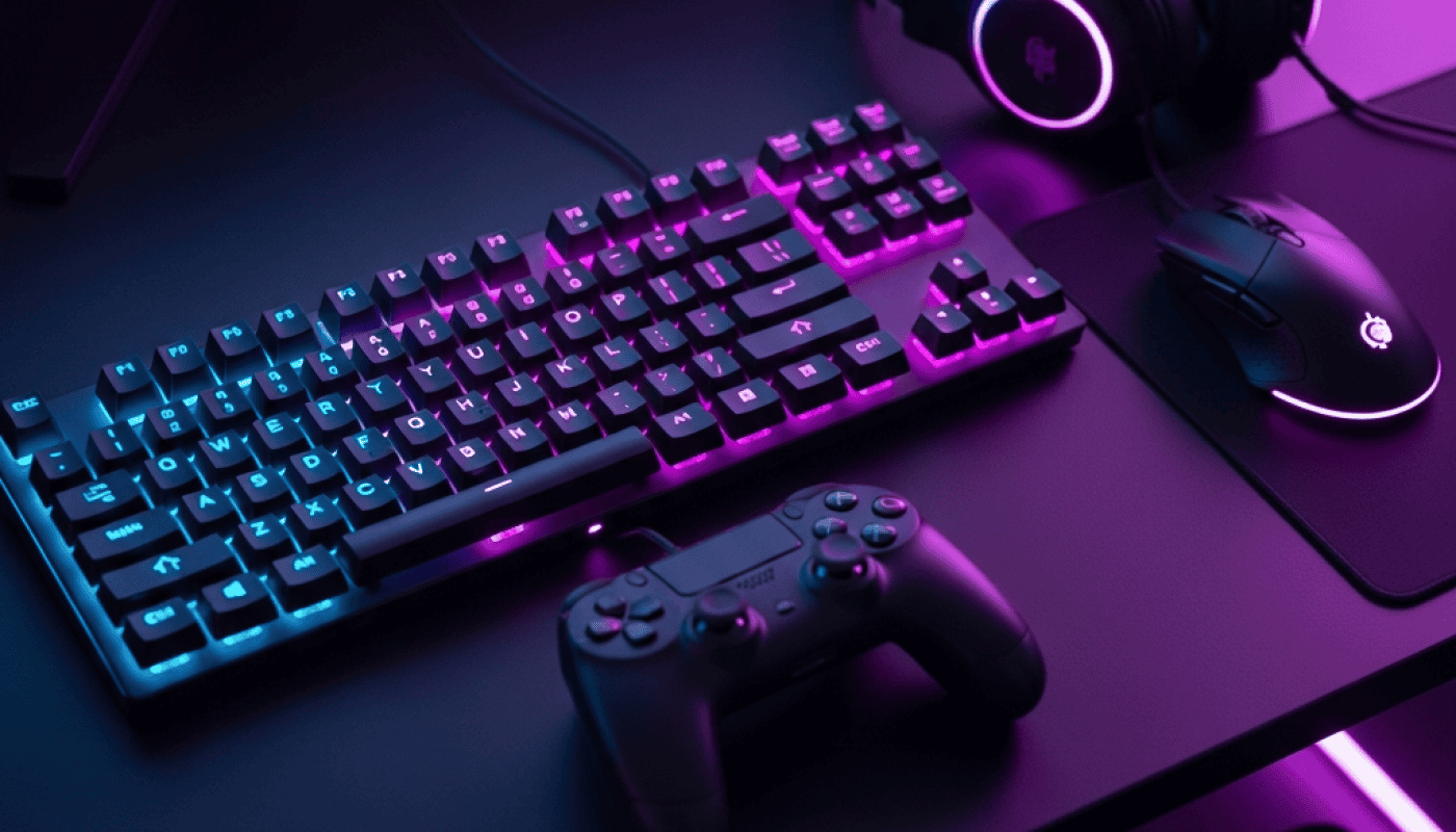 Gaming accessories including keyboard, mouse, headset, and controllers for dropshipping.