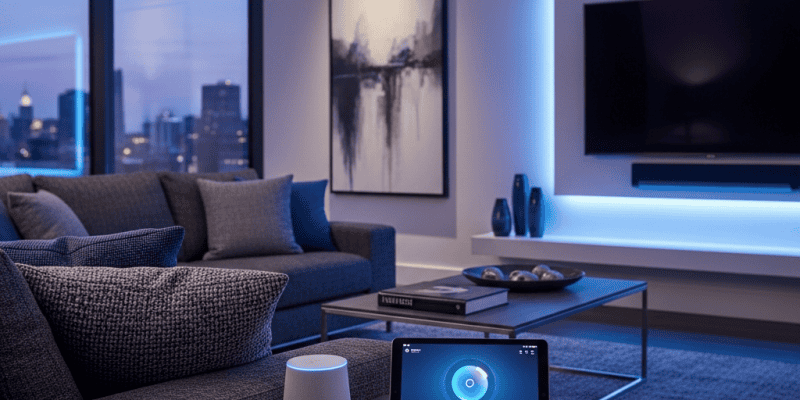 Smart home living room with LED lighting, a large flat-screen TV, and a tablet control device.