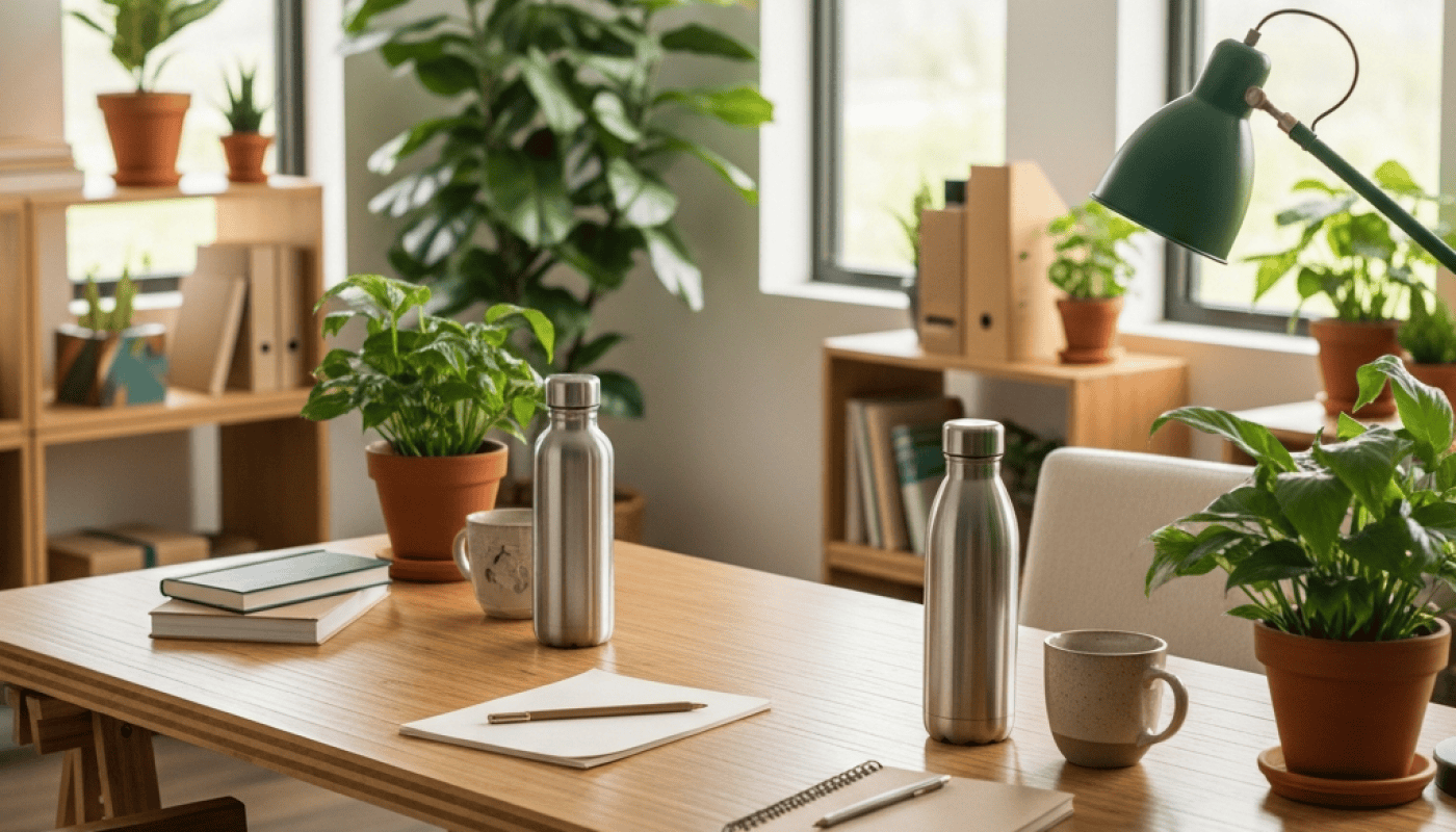 An inviting office space featuring a wooden table, potted plants, notebooks, and a desk lamp, illumi.