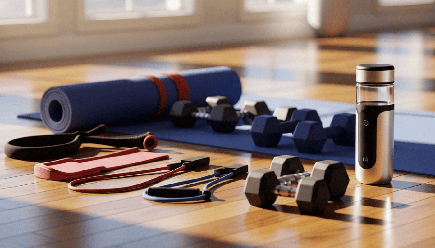 Home gym with yoga mat, dumbbells, water bottle, and resistance bands.
