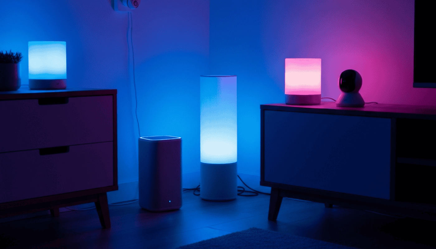 Modern LED mood lights in a cozy living room setting.