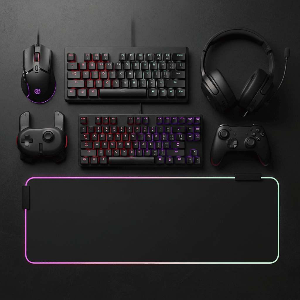 Gaming accessories including keyboard, mouse, headset, and controllers for dropshipping.