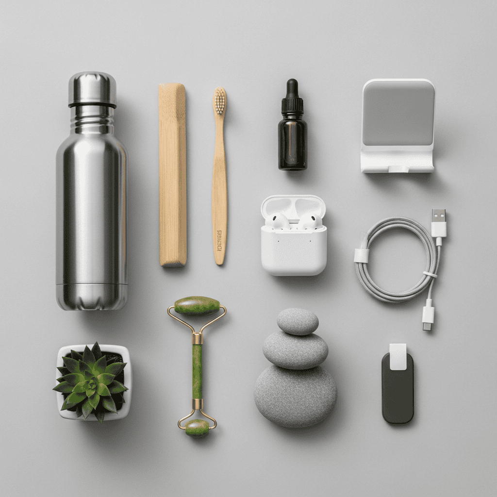 Eco-friendly personal care items including water bottle, toothbrush, and skincare products.