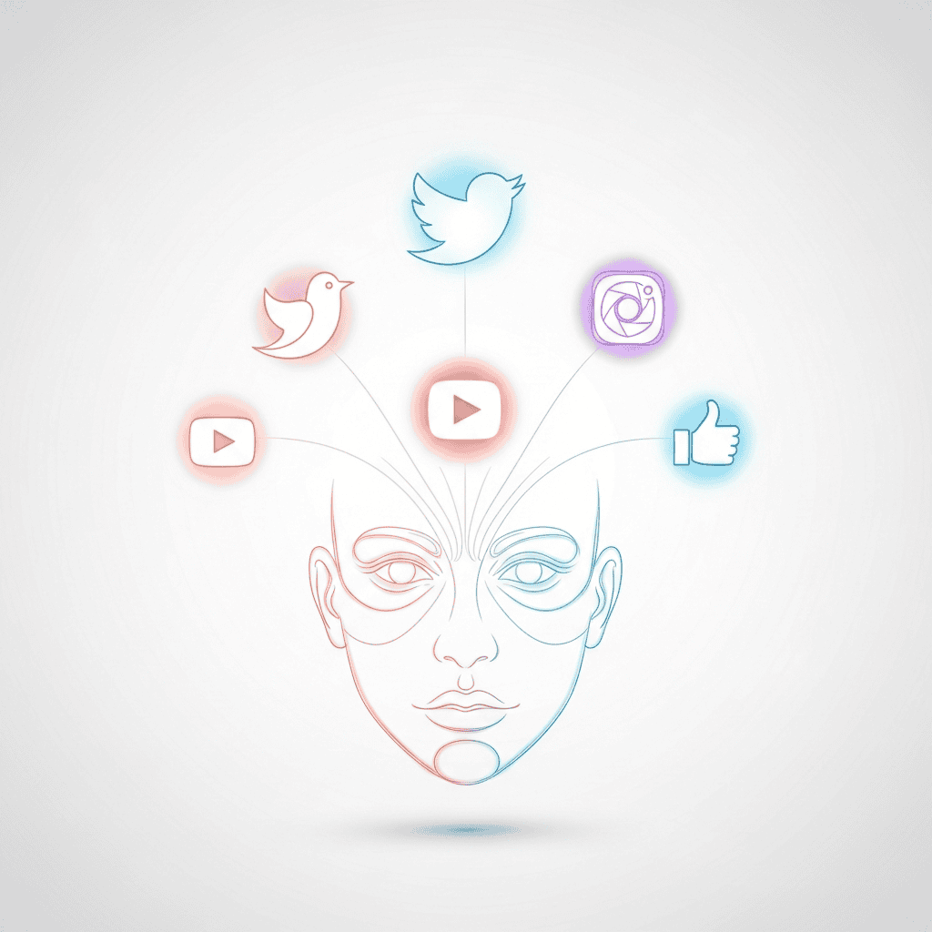 Illustration of social media icons connected to a face, representing dropshipping marketing tools.