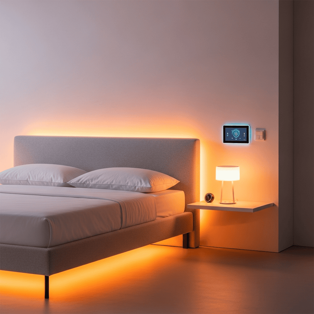 Smart bedroom lighting with LED strips and wall-mounted control panel.