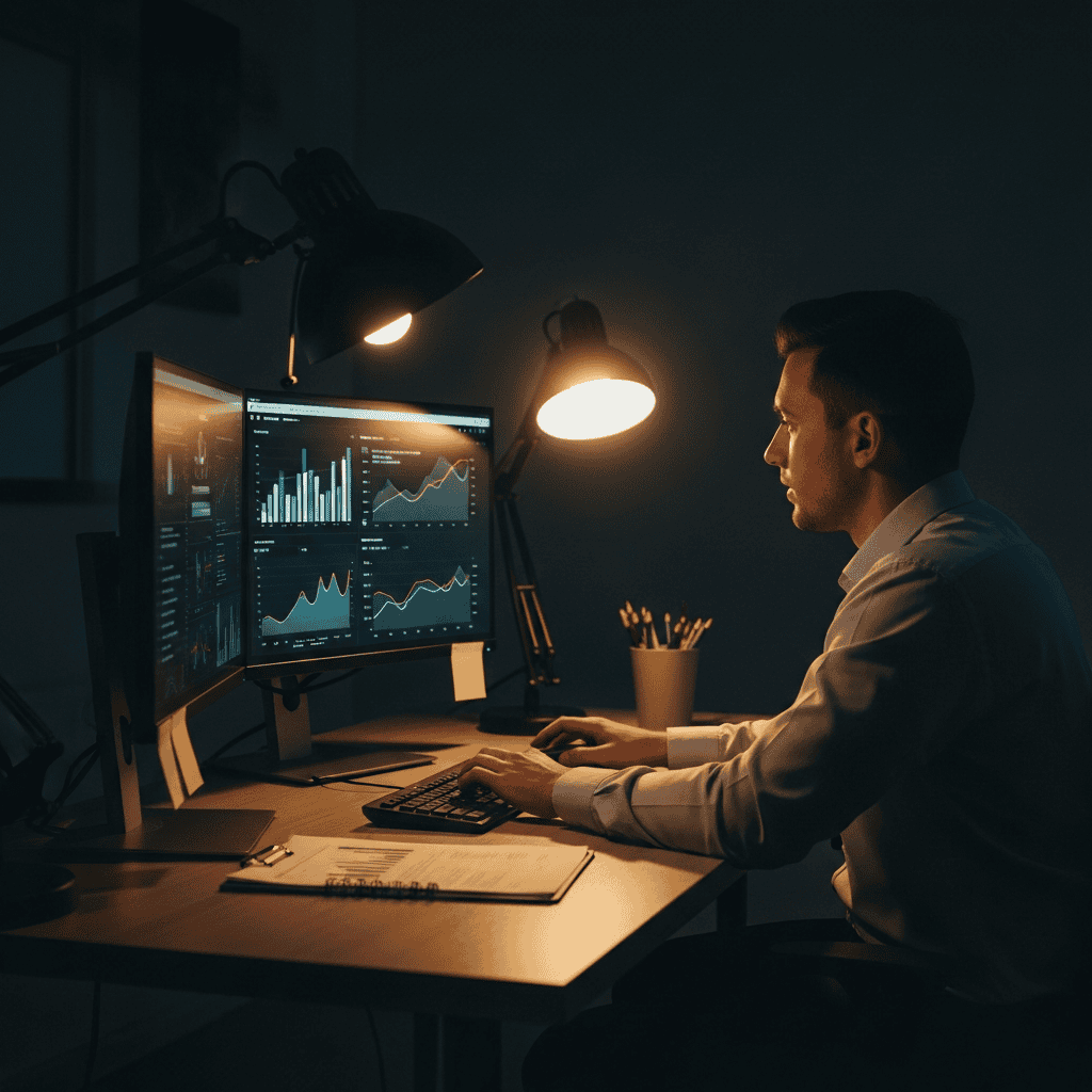 Man analyzing sales data on multiple screens for dropshipping with Dropified platform.