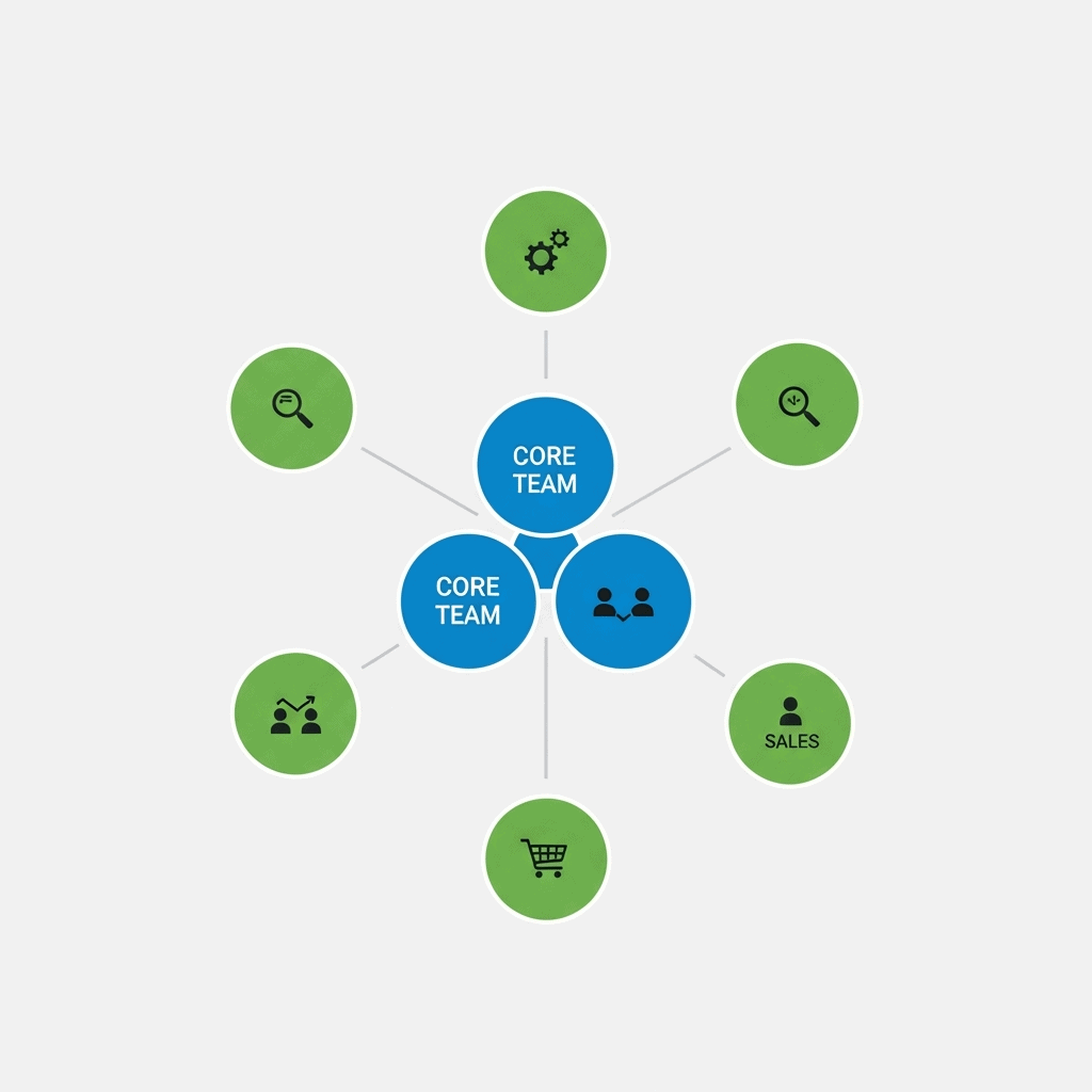 Visual diagram of Dropified's business structure and core team roles.