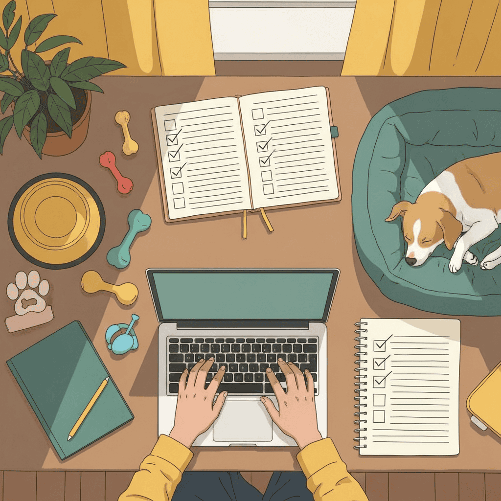 dropshipper researching winning pet products on laptop home office