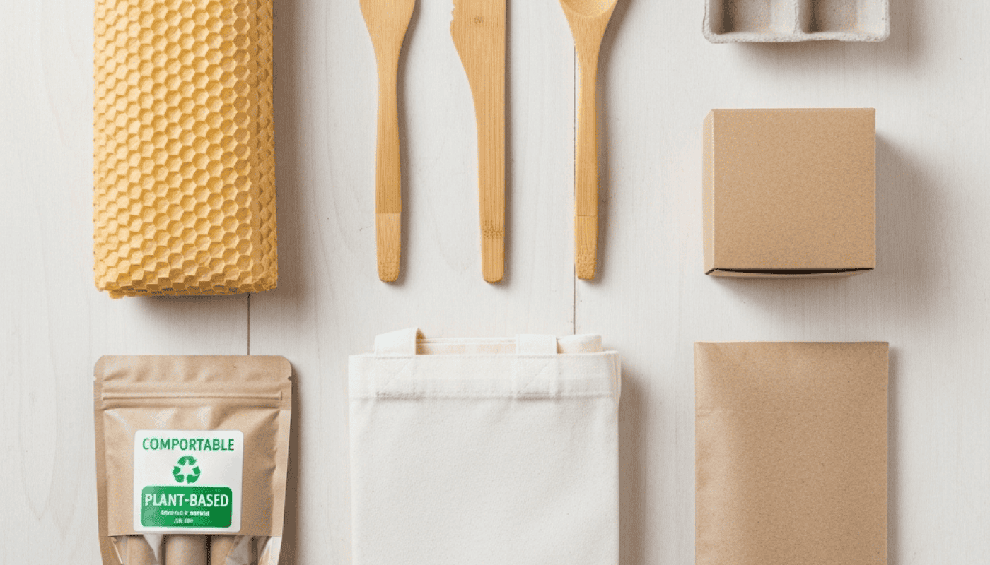 Friendly disposable tableware including bamboo utensils, beeswax wraps, and biodegradable packaging.