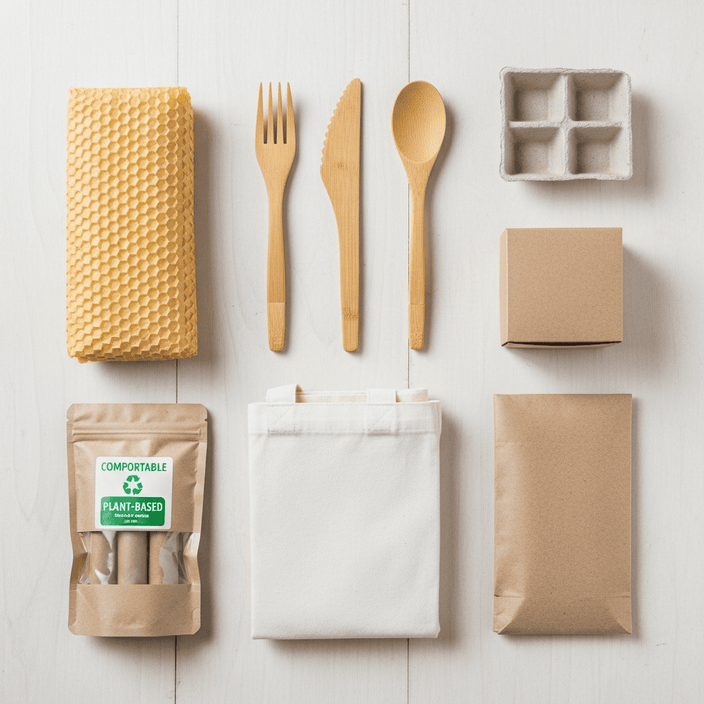 Friendly disposable tableware including bamboo utensils, beeswax wraps, and biodegradable packaging.