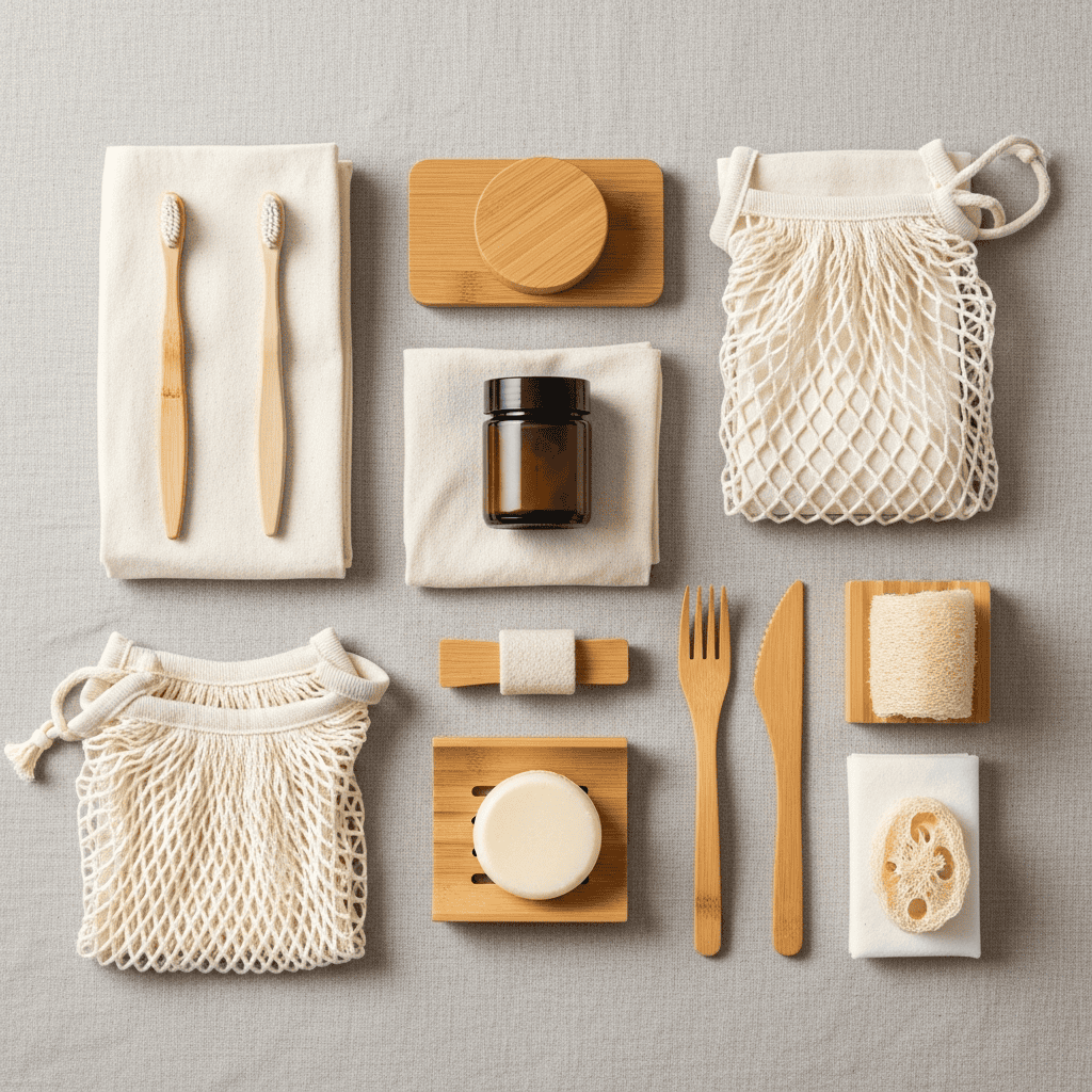 Sustainable personal care items including bamboo toothbrushes, reusable bags, and natural soap for e.