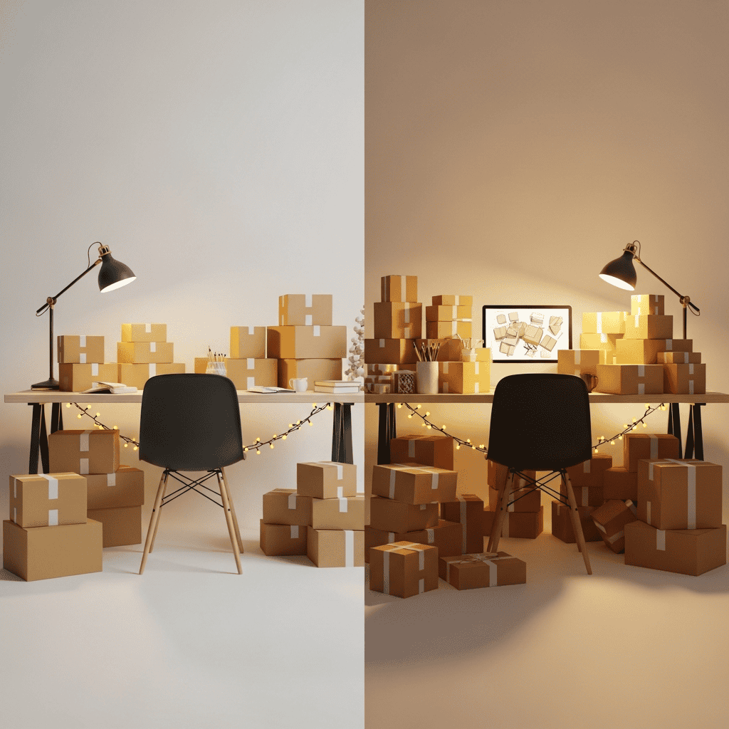 Organized workspace with boxes for holiday dropshipping prep.