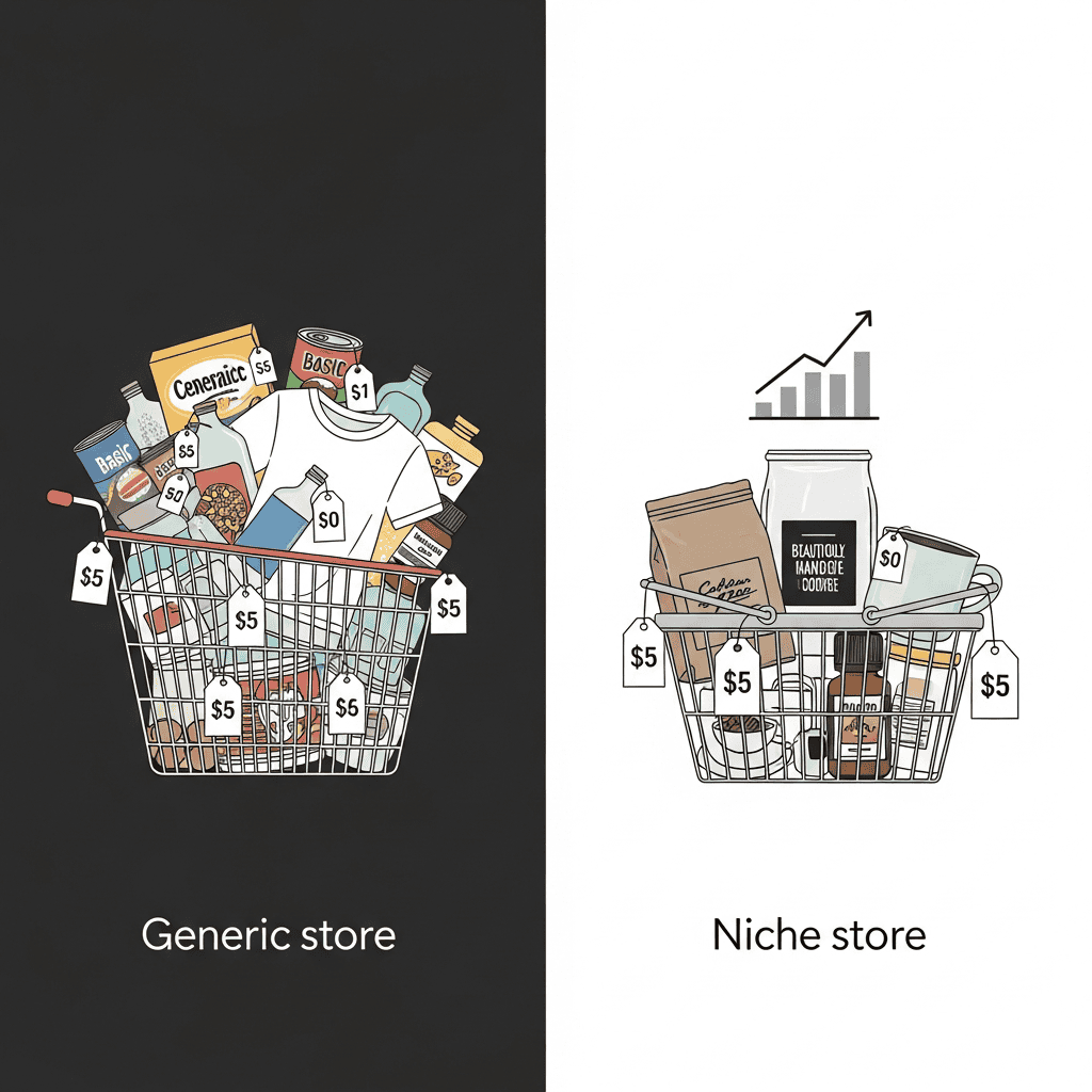 Comparison of generic and niche online stores showing product variety and sales growth potential.