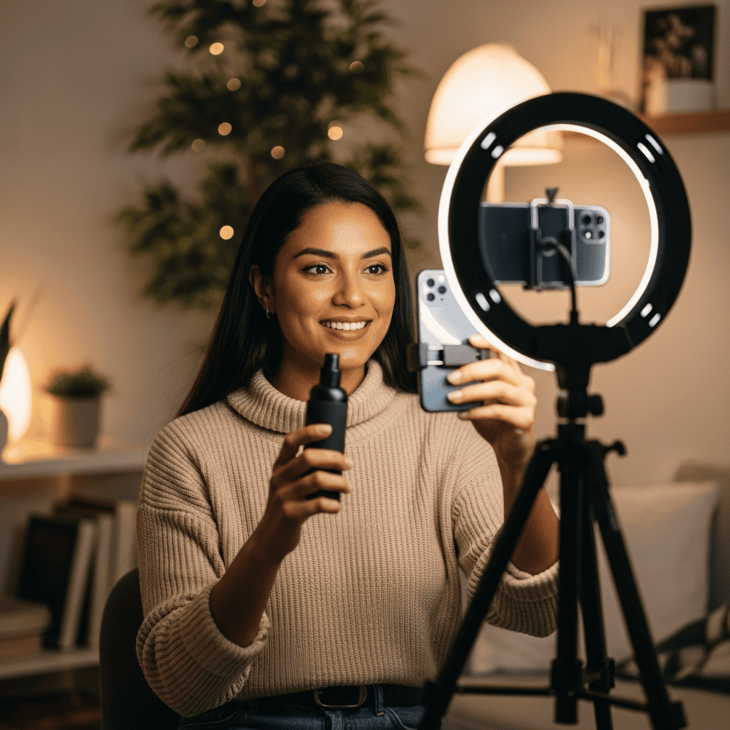 Woman creating TikTok content with ring light and smartphone setup.