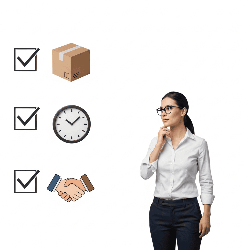 Businesswoman analyzing eCommerce workflow with checklists and icons.