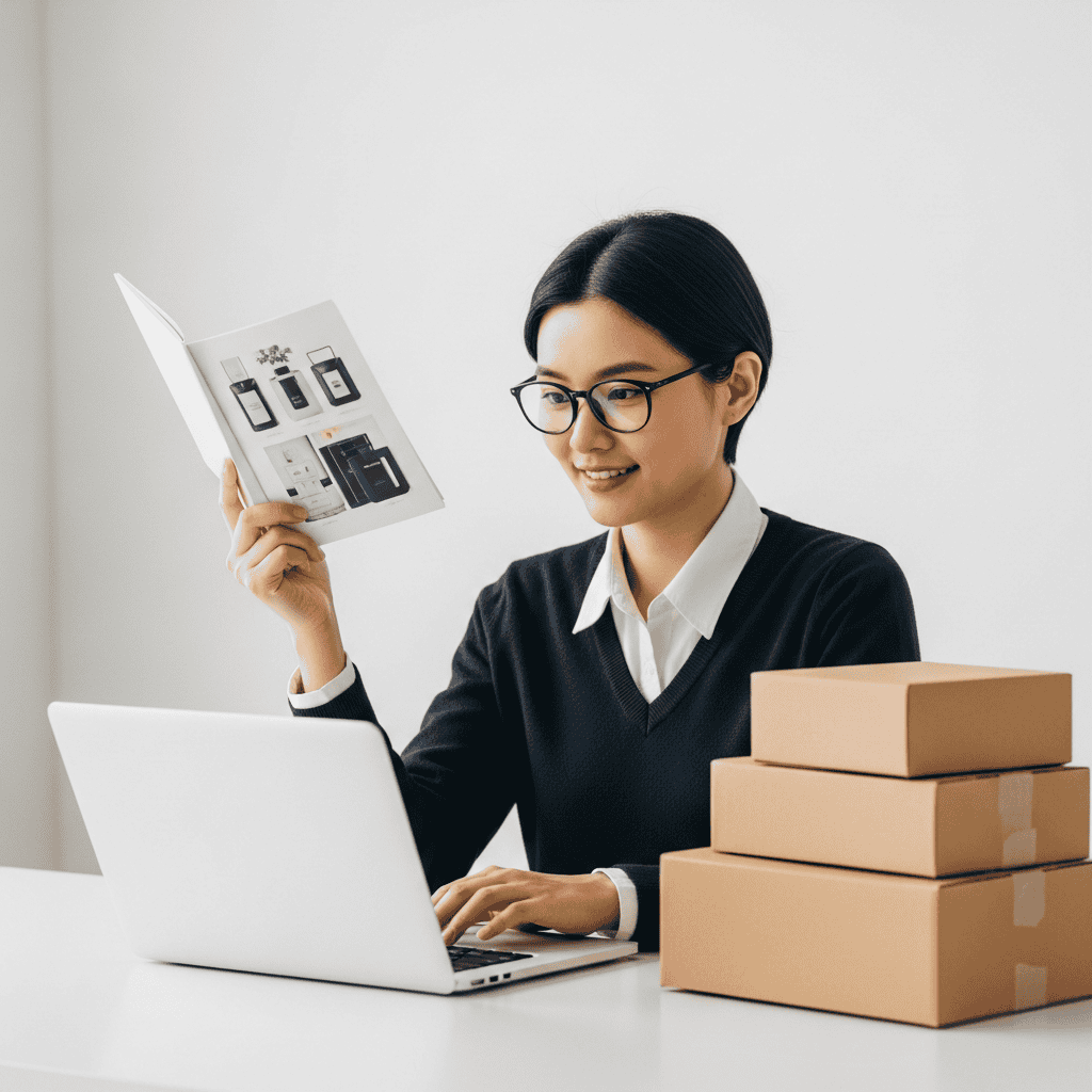 Woman using Dropified platform for online store management with packages.