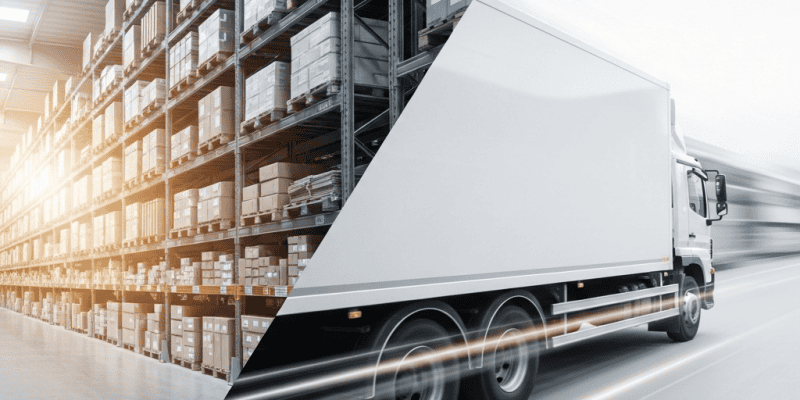 Warehouse storage and delivery truck for e-commerce logistics.