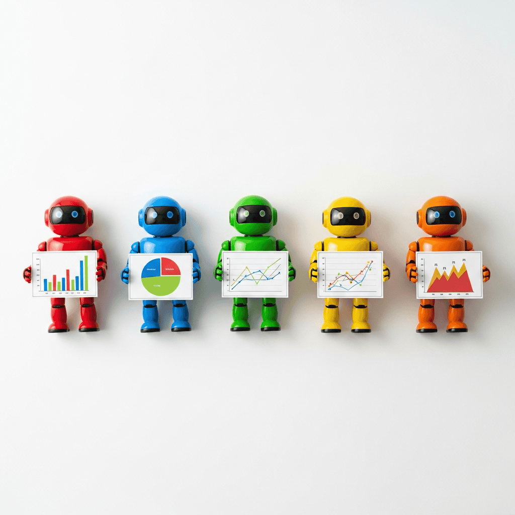 Colorful robot toys holding data charts for e-commerce analytics.