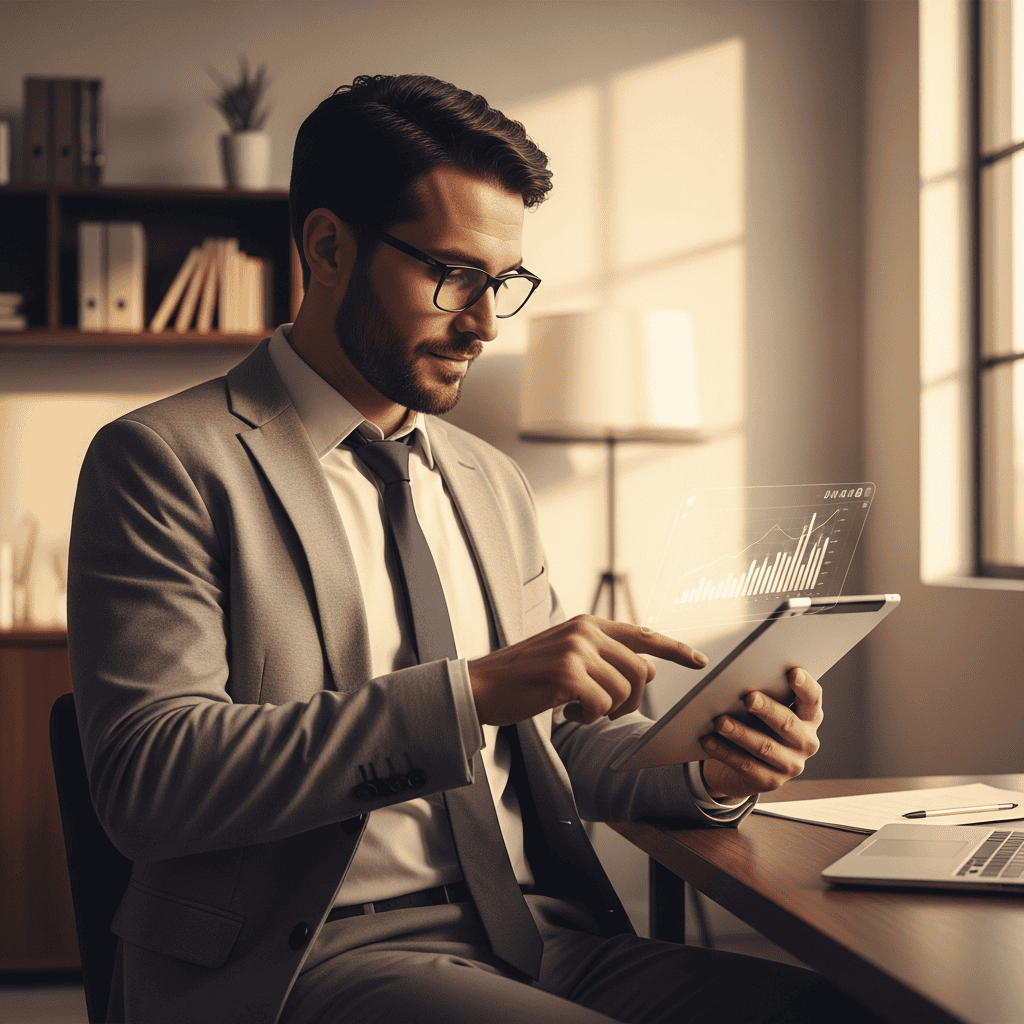 Businessman using tablet with analytics, comparing Dropified and DSers.