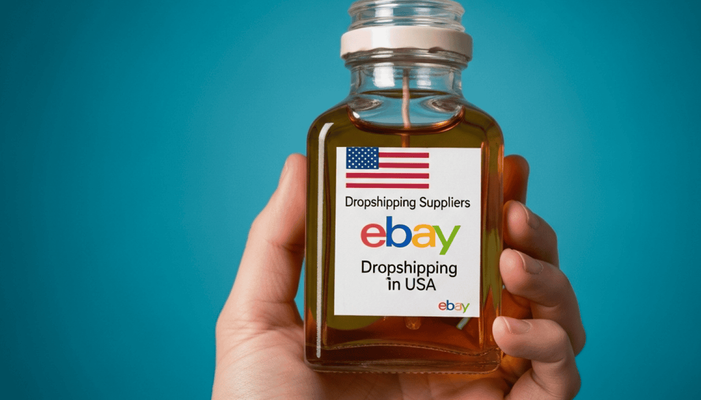 Hand holding a bottle with eBay USA dropshipping label.