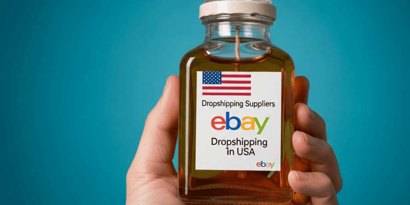 Hand holding a bottle with eBay USA dropshipping label.