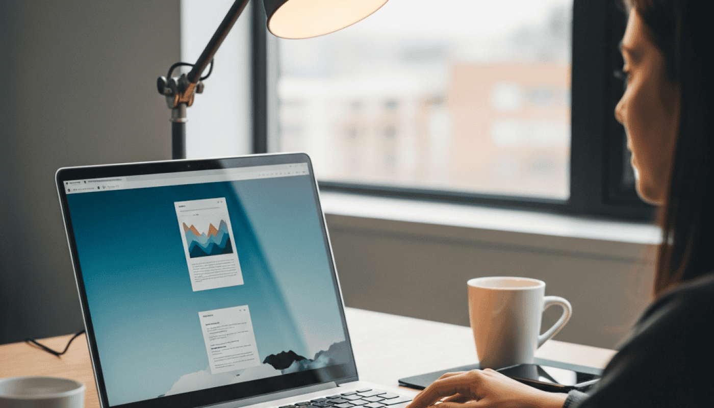 Woman working on laptop with Dropified platform on screen in a bright office.