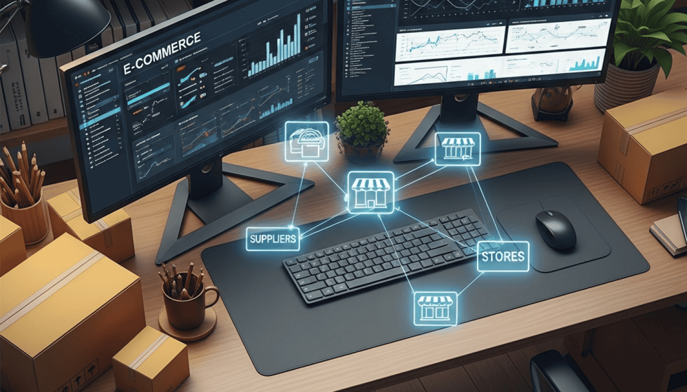 Dual monitor setup displaying e-commerce analytics and supplier management.