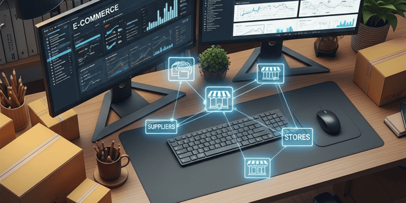 Dual monitor setup displaying e-commerce analytics and supplier management.